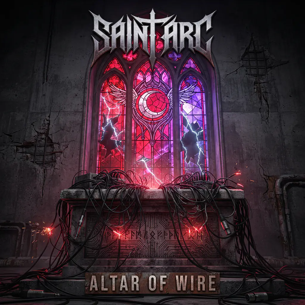 Altar of Wire front cover: a stained-glass window over an altar wrapped in cables