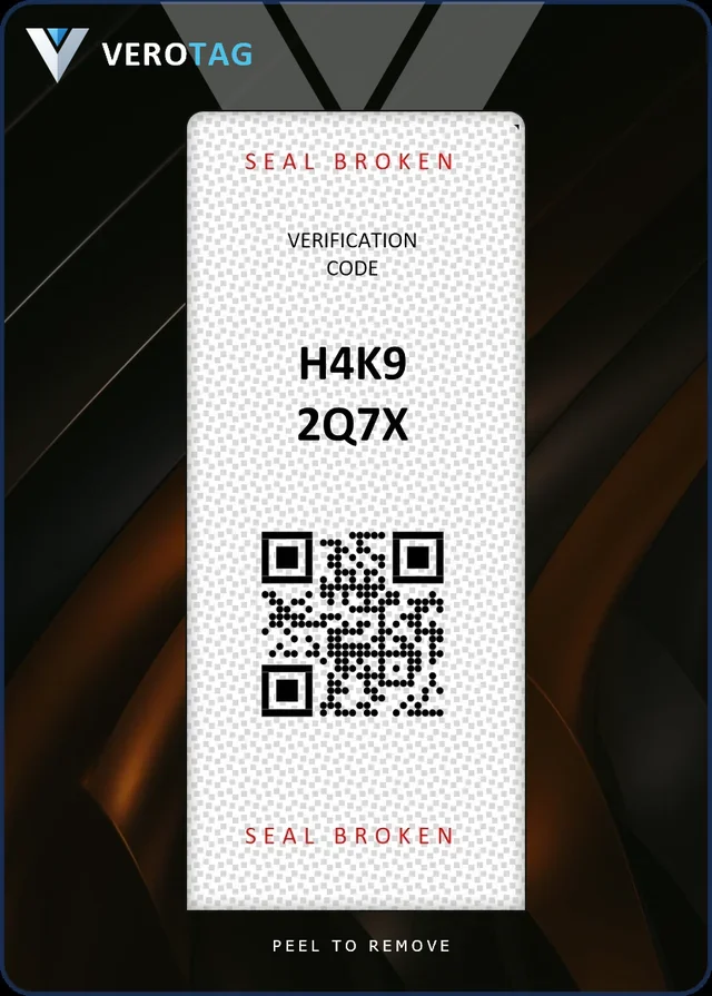 A VeroTag card with a Collab seal, its verification code printed on the liner under the seal